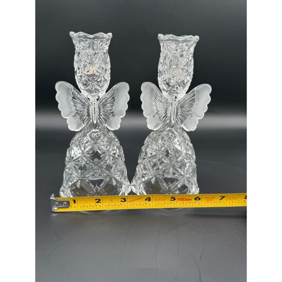 Vintage 1985 Set of 2 Hofbauer Crystal Etched Butterfly Candlestick Holders - Picture 3 of 5